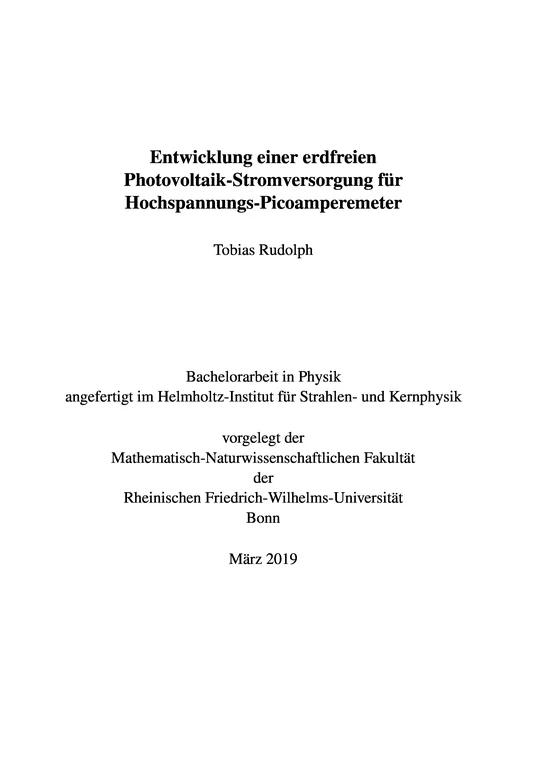 Entwicklung einer erdfreien Photovoltaik-Stromversorgung für Hochspannungs-Picoamperemeter